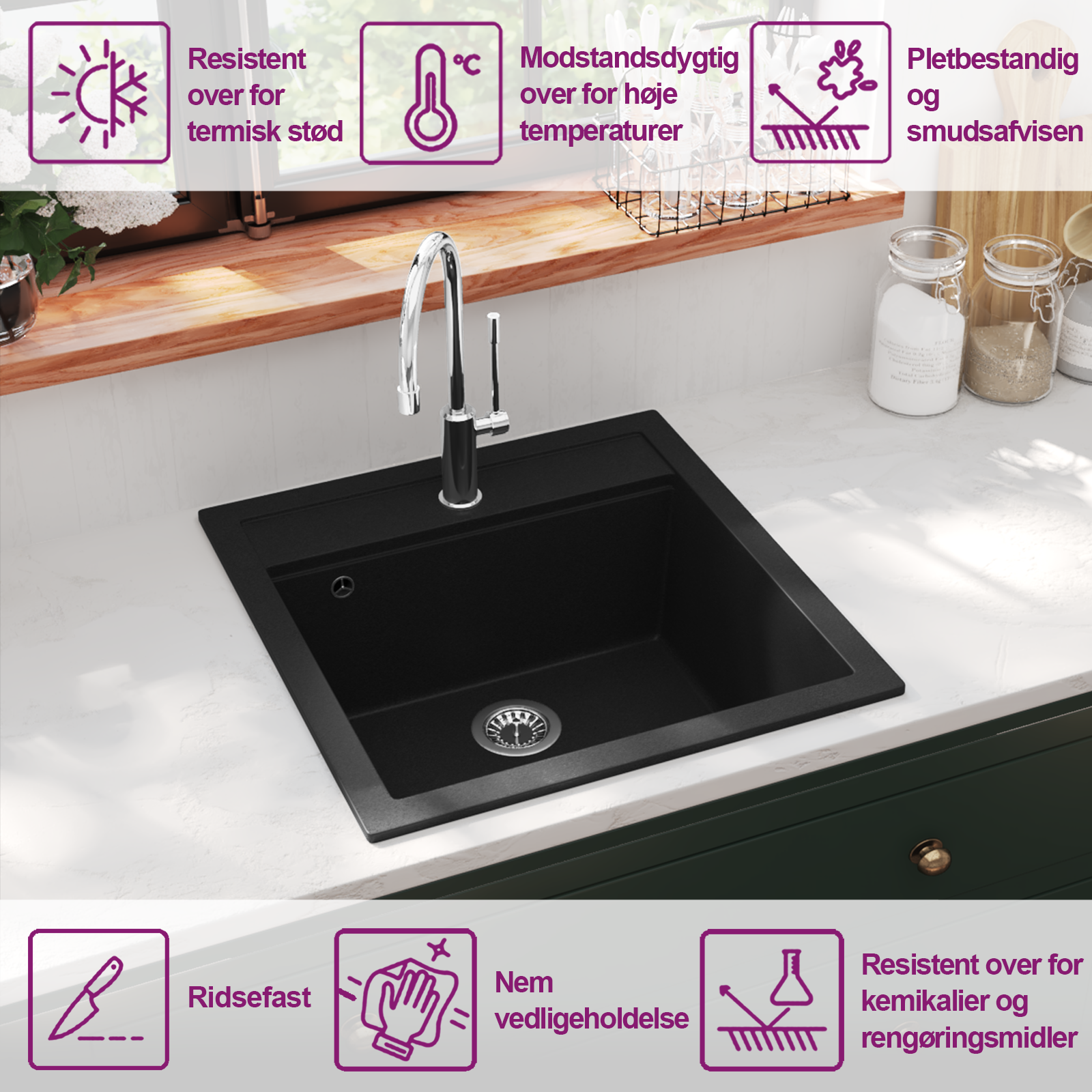 Thorny 945 kapillærer vidaXL køkkenvask enkelt vask granit sort | vidaXL.dk
