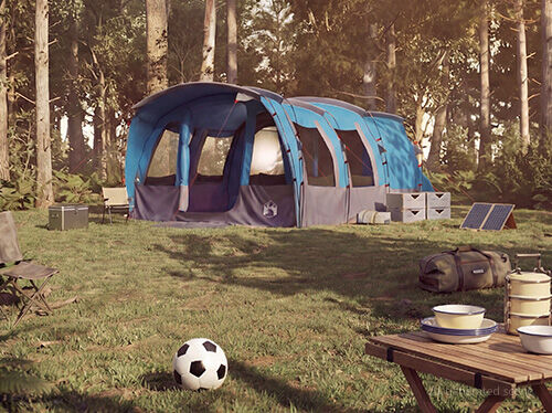 Rummeligt bl&aring;t familietelt opstillet udend&oslash;rs med flere sektioner, designet til behageligt gruppecamping.