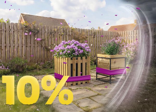 Tr&aelig;plantekasser med blomstrende lilla blomster p&aring; solrig terrasse, med banner for 10 % for&aring;rsrabat.