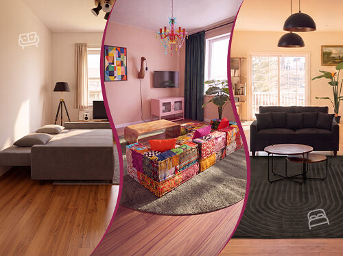 Collage med tre sofastile: en moderne stue med m&oslash;rke sofaer, en farverig modulsofa i patchwork rundt om et sofabord og en gr&aring; sovesofa sl&aring;et helt ud. Klik for at se sofakollektionen.