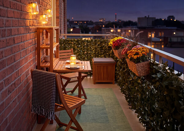 Lille altan med tr&aelig;stole og bord, oplyst af lanterner og stearinlys, pyntet med blomster i krukker og gr&oslash;nne planter, med udsigt over byens skyline om aftenen.