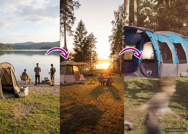 Banner med opdelt sk&aelig;rm, der viser en udvikling af campingoplevelser. Til venstre fisker og slapper tre personer af ved et lille telt ved en s&oslash;bred ved solnedgang. I midten sidder to personer ved et bord med et st&oslash;rre bl&aring;t og gr&aring;t telt bag dem, ogs&aring; ved solnedgang. H&oslash;jre side viser et sl&oslash;ret billede af en st&oslash;rre teltlignende konstruktion. Pile viser en overgang mellem scenerne og antyder en opgradering af friluftslivet.