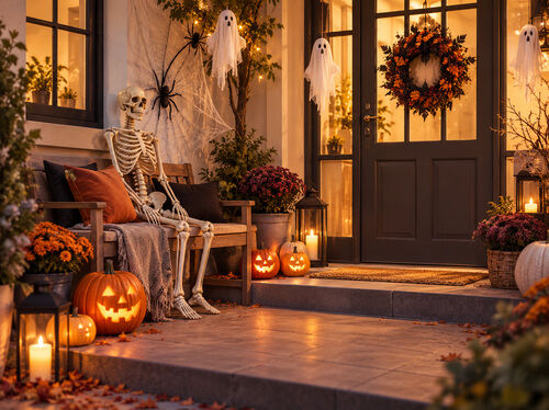 Halloween-pyntet veranda med lysende gr&aelig;skar, et skelet p&aring; en b&aelig;nk, h&aelig;ngende sp&oslash;gelser, spindelv&aelig;v og varme festlige lys.