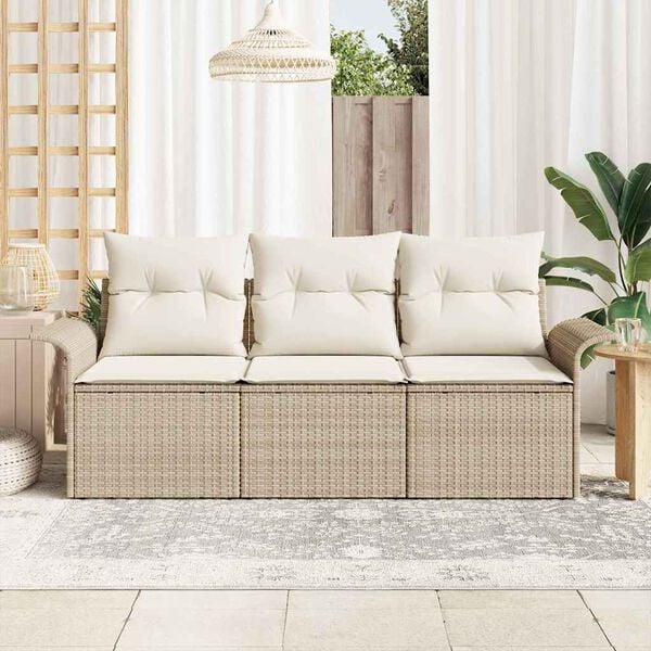 vidaXL Havesofa S&aelig;t med pude med opbevaring 3 pcs Beige Poly rattan