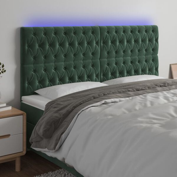 vidaXL sengegavl med LED-lys 200x7x118/128 cm fl&oslash;jl m&oslash;rkegr&oslash;n