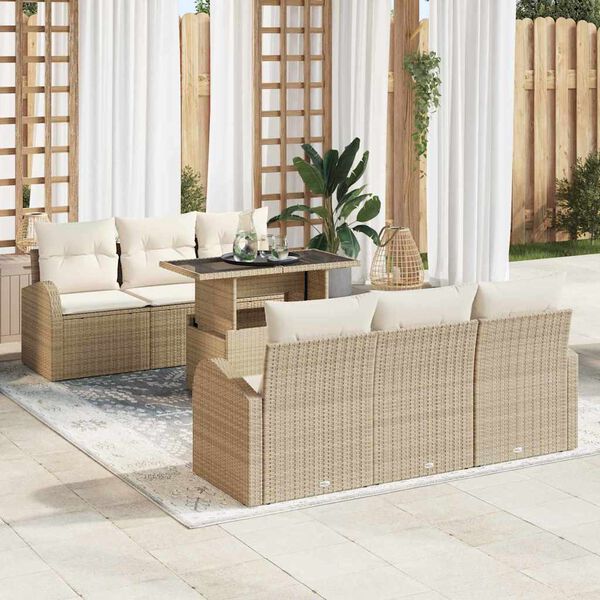 vidaXL Havesofa S&aelig;t med pude med opbevaring 7 pcs Beige Poly Rattan