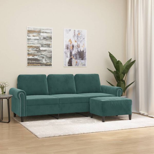 vidaXL 3-personers sofa med fodskammel 180 cm velour M&oslash;rkegr&oslash;n