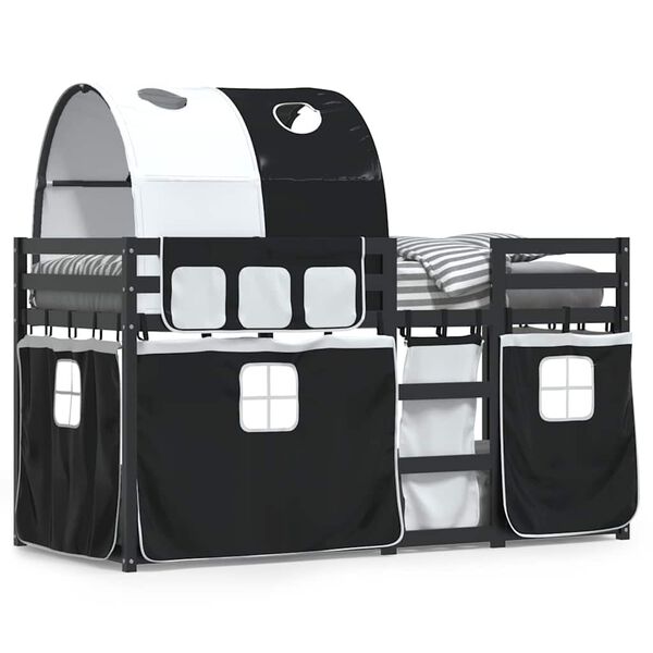 vidaXL køjeseng med gardiner 90x190 cm massivt fyrretræ hvid og sort