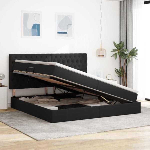 vidaXL Seng med opbevaring og LED med LED Sort 200 x 200 cm Polyester