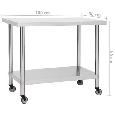 vidaXL arbejdsbord med hjul til køkken 100x30x85 cm rustfrit stål