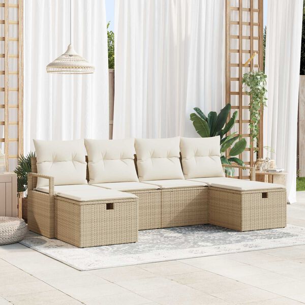 vidaXL Havesofa S&aelig;t med pude med opbevaring 6 pcs Beige Poly rattan