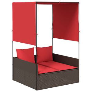 vidaXL dobbelt liggestol med tag og gardiner brun polyrattan