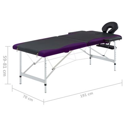 vidaXL sammenfoldeligt massagebord aluminiumsstel 2 zoner sort lilla