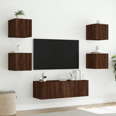 vidaXL væghængt tv-møbel 5 dele med LED-lys brun egetræsfarve