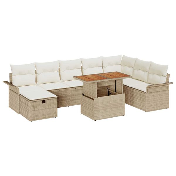 vidaXL Havesofa S&aelig;t med pude med opbevaring 9 pcs Beige polyrattan