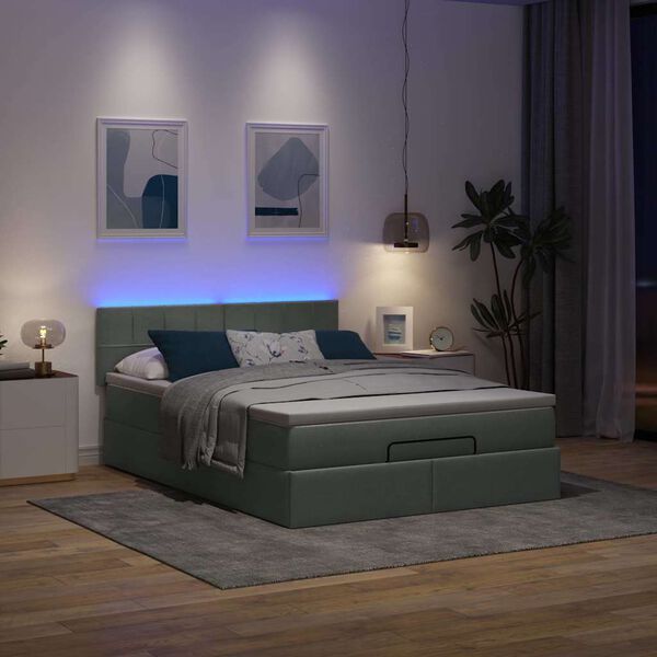 vidaXL ottoman seng med madras & LEDs 140x190 cm stof M&oslash;rkegr&aring;