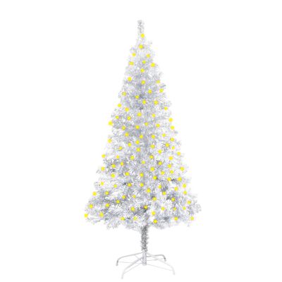 vidaXL kunstigt juletræ med lys og juletræsfod 150 cm PET sølvfarvet