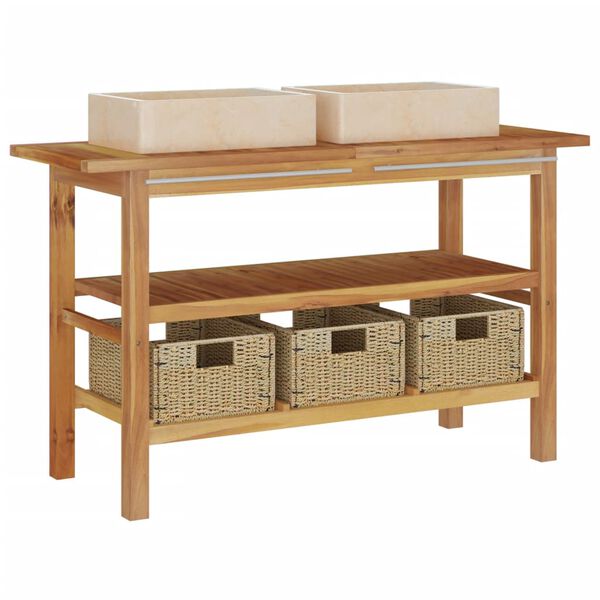 vidaXL badeværelsesskab med cremefarvede håndvaske marmor massivt teak