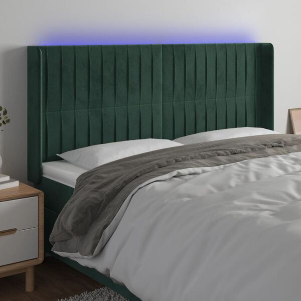 vidaXL sengegavl med LED-lys 163x16x118/128 cm fl&oslash;jl m&oslash;rkegr&oslash;n