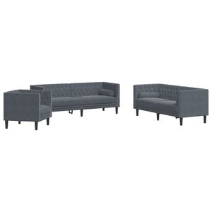 vidaXL 3-personers Chesterfield-sofas&aelig;t med puder fl&oslash;jl m&oslash;rkegr&aring;