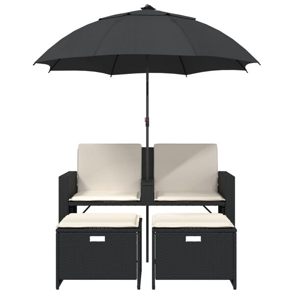 vidaXL 2-personers havesofa med parasol og skamler polyrattan sort