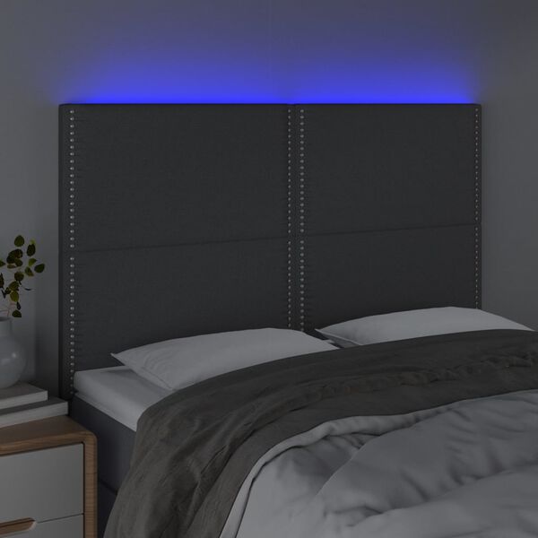 vidaXL sengegavl med LED-lys 144x5x118/128 cm stof m&oslash;rkegr&aring;