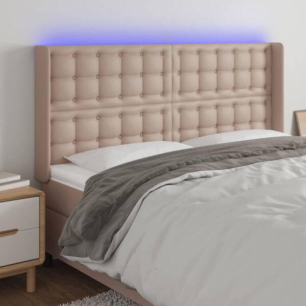 vidaXL sengegavl med LED-lys 183x16x118/128 cm kunstl&aelig;der cappuccino