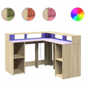vidaXL skrivebord med LED-lys 130x130x91 cm konstrueret tr&aelig; sonoma-eg
