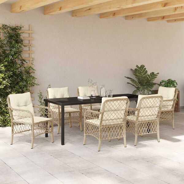 vidaXL Have Spisebordss&aelig;t med pude 7 pcs Beige polyrattan