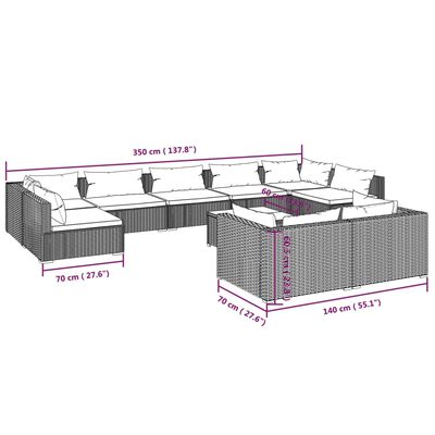 vidaXL loungesæt til haven 10 dele med hynder polyrattan brun