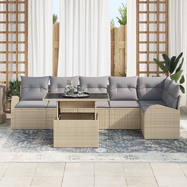 vidaXL Havesofa S&aelig;t med pude med opbevaring 7 pcs Beige Poly rattan