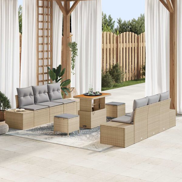 vidaXL Havesofa S&aelig;t med pude med opbevaring 9 pcs Beige Poly rattan