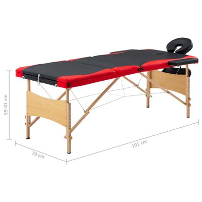 vidaXL foldbart massagebord 3 zoner træ sort og rød