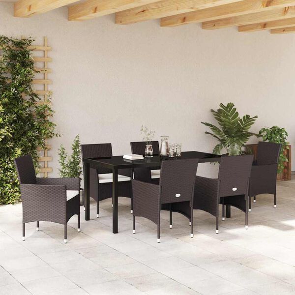 vidaXL Have Spisebordss&aelig;t med pude 7 pcs Brun polyrattan