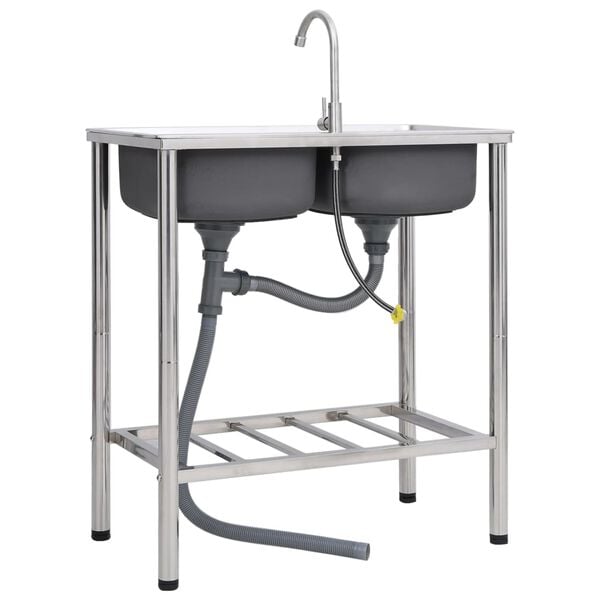 vidaXL campingvask med hane dobbeltvask rustfrit st&aring;l