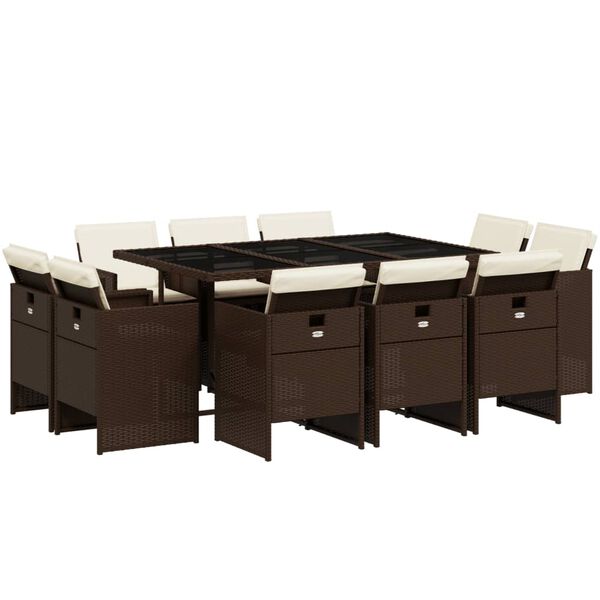 vidaXL spisebordss&aelig;t til haven 11 dele med hynder polyrattan brun