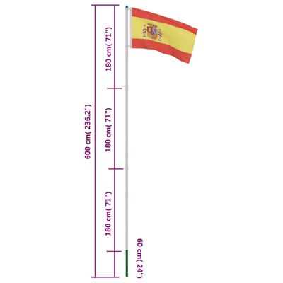 vidaXL Spaniens flag og flagstang 6 m aluminium
