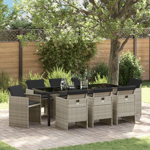 vidaXL Have Spisebordss&aelig;t med pude 9 pcs Lysegr&aring; polyrattan