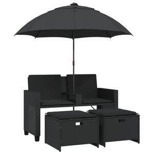 vidaXL 2-personers havesofa med parasol og skamler polyrattan sort