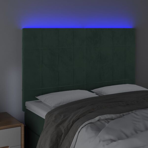 vidaXL sengegavl med LED-lys 144x5x118/128 cm fl&oslash;jl m&oslash;rkegr&oslash;n
