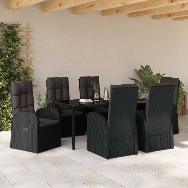 vidaXL Have Spisebordss&aelig;t med pude 7 pcs Sort polyrattan