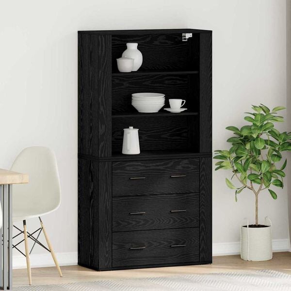 vidaXL Highboard med skuffe Sort eg 80 x 33 x 150 cm Konstrueret tr&aelig;