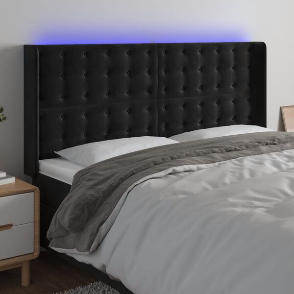 vidaXL sengegavl med LED-lys 203x16x118/128 cm fl&oslash;jl sort