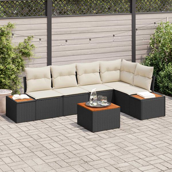 vidaXL Havesofa S&aelig;t med pude 6 pcs Sort og cremefarvet Poly rattan