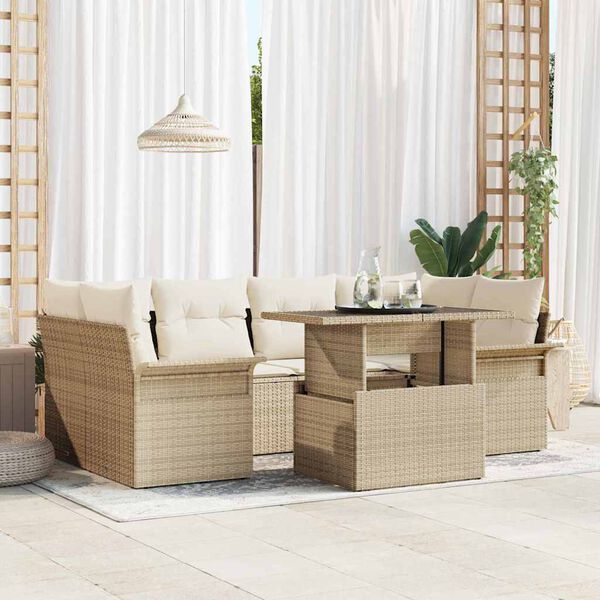 vidaXL Havesofa S&aelig;t med pude med opbevaring 7 pcs Beige Poly Rattan