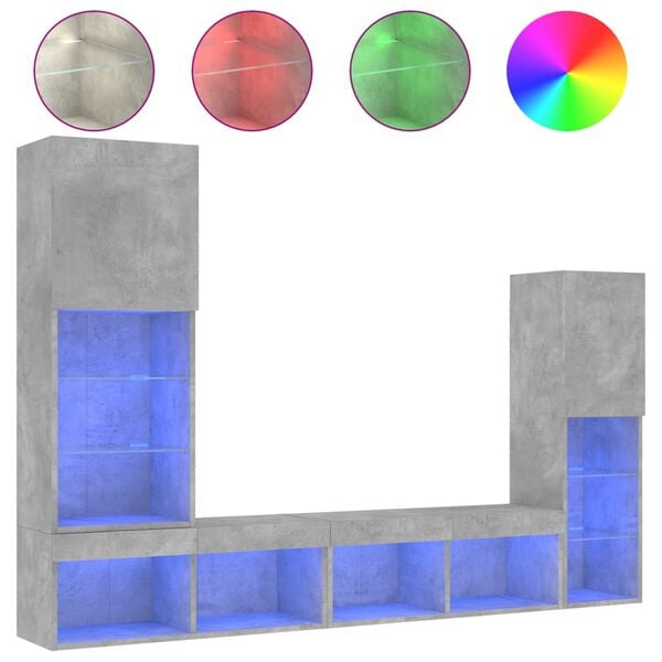 vidaXL tv-m&oslash;bel til v&aelig;g 4 dele med LED-lys konstrueret tr&aelig; betongr&aring;