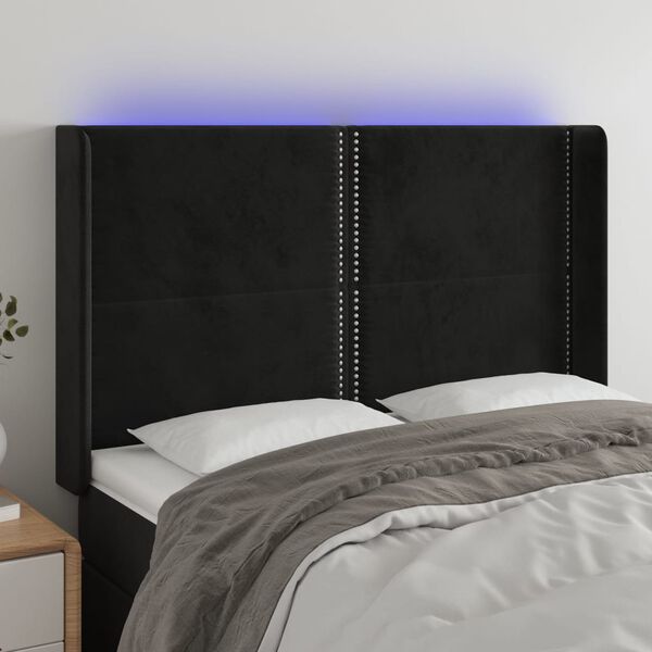 vidaXL sengegavl med LED-lys 147x16x118/128 cm fl&oslash;jl sort