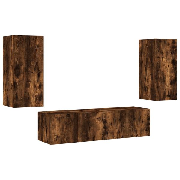 vidaXL tv-m&oslash;bel til v&aelig;g 4 dele med LED-lys konstrueret tr&aelig; r&oslash;get eg