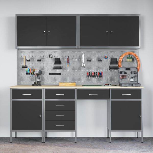 vidaXL Arbejdsbænk med skuffe 10 pcs Sort 200 x 55 x 200 cm Stål