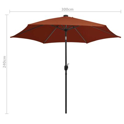 vidaXL parasol med LED-lys og aluminiumsstang 300 cm terracotta